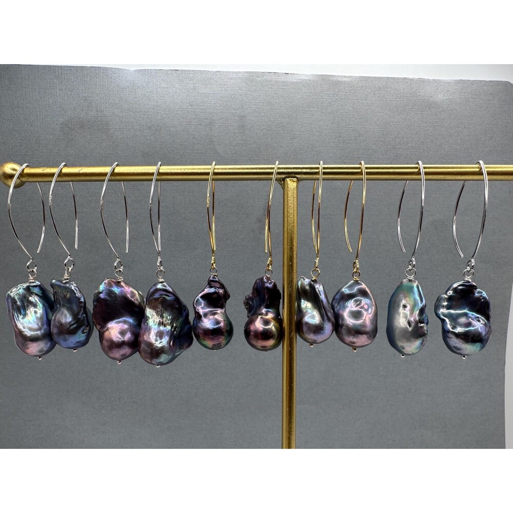 Black Baroque Pearl Earrings, Iridescent Peacock Color, Sterling Silver